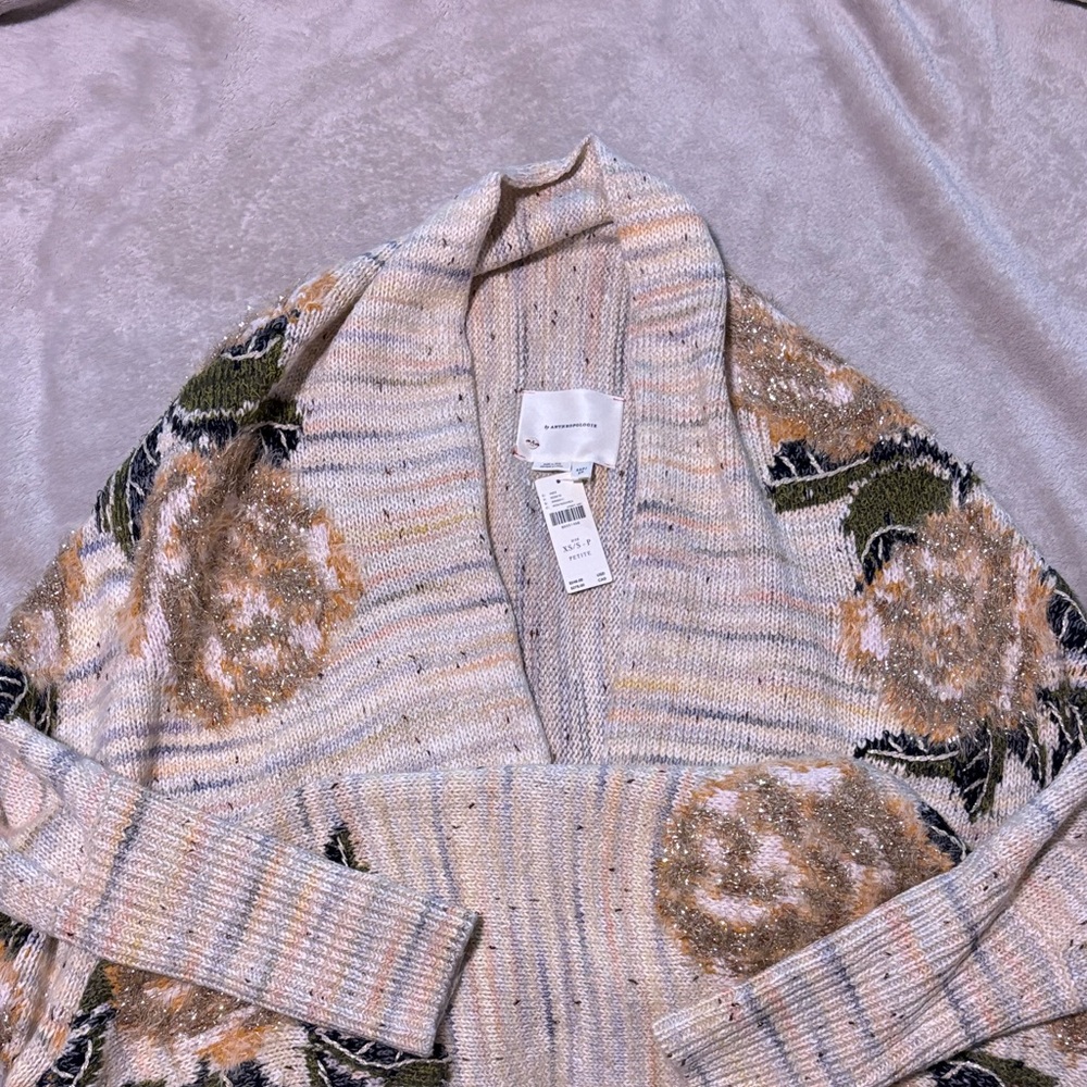 Anthropologie Cream, Gold,Green Floral Cocoon Sweater…NWT